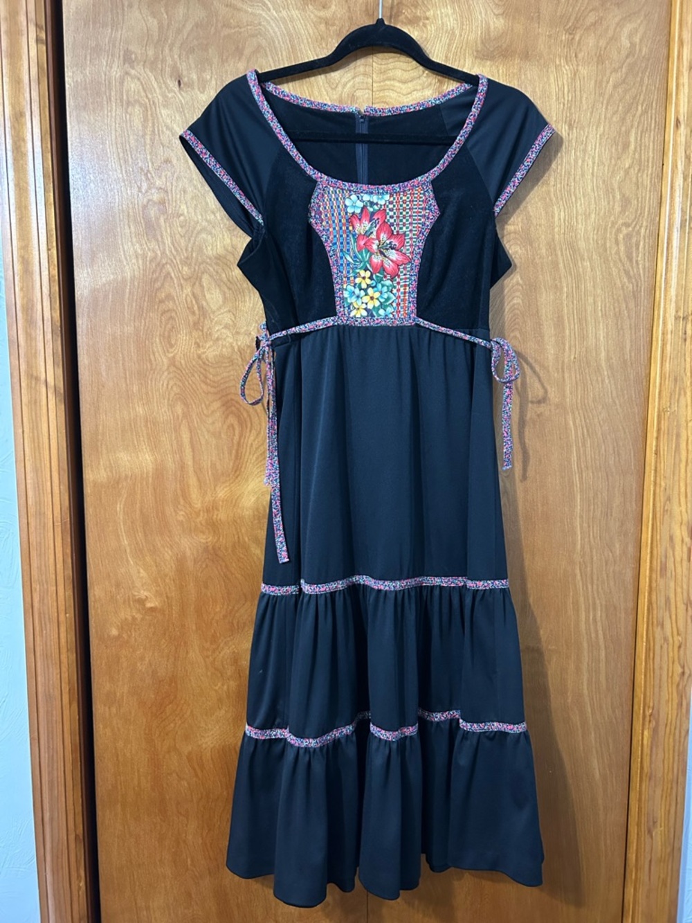 Jody California Black Tiered Midi Dress with Floral Yoke